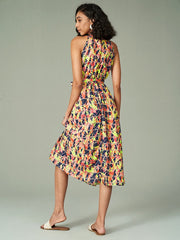 Tropical Leaves Geo Print Sleeveless Midi Dress With Belt