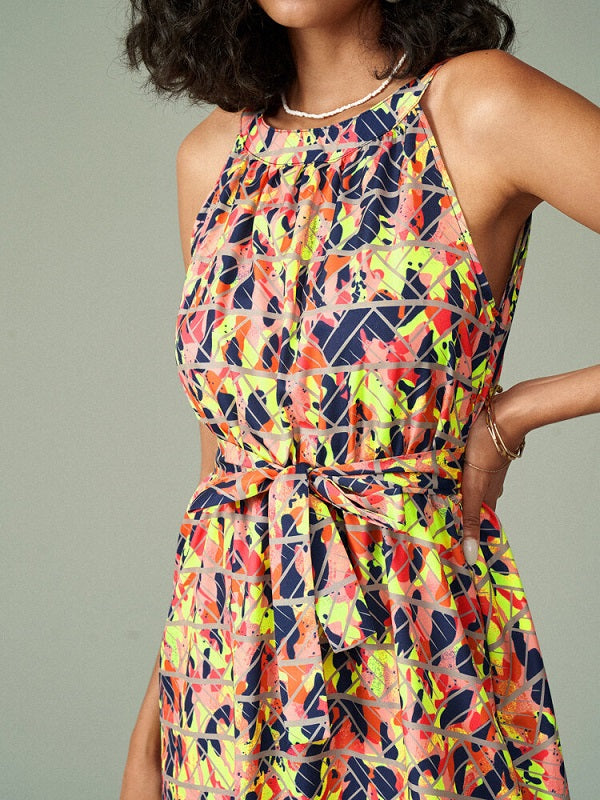Tropical Leaves Geo Print Sleeveless Midi Dress With Belt
