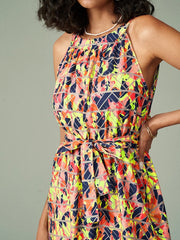 Tropical Leaves Geo Print Sleeveless Midi Dress With Belt