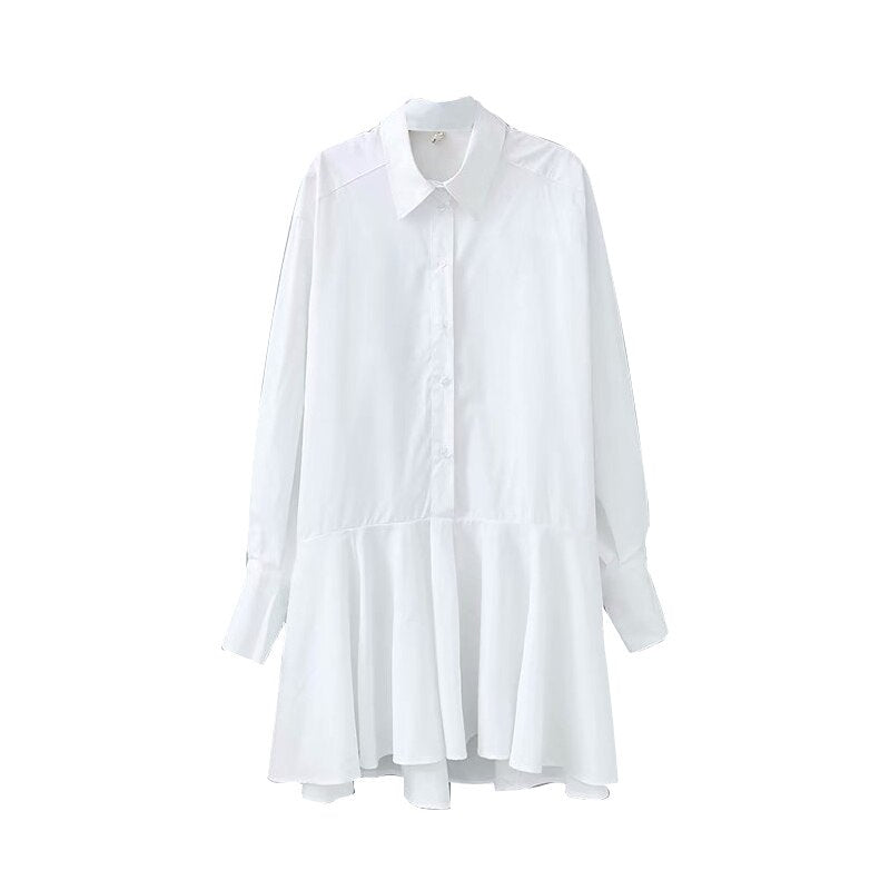 Turn Down Collar Long Sleeve Pleated Mini Dress