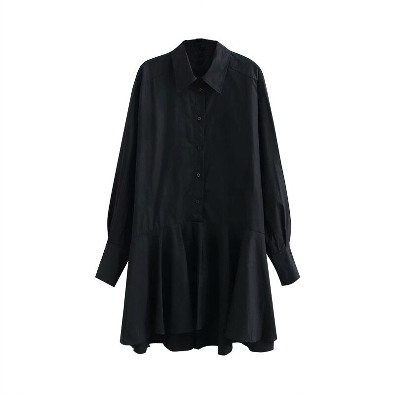 Turn Down Collar Long Sleeve Pleated Mini Dress