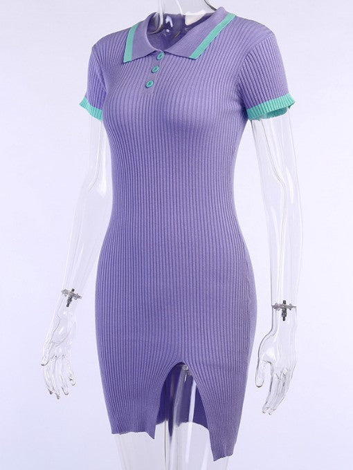 Turn-Down Collar Slit Short Sleeve Casual Dresses
