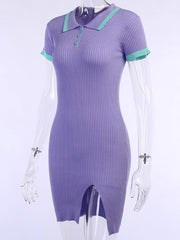 Turn-Down Collar Slit Short Sleeve Casual Dresses