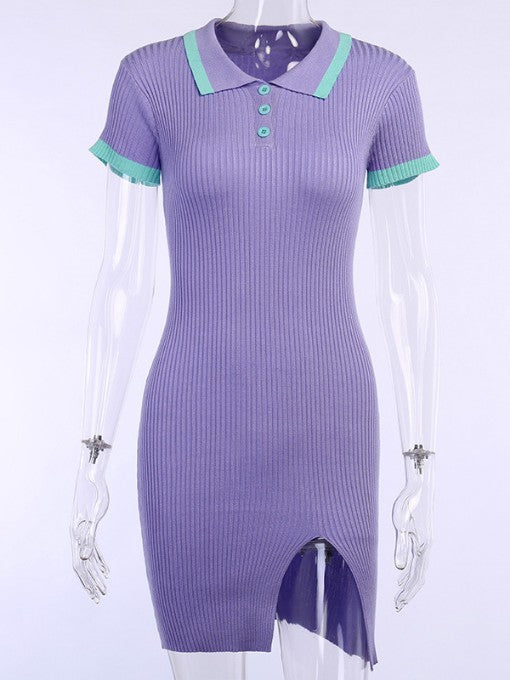 Turn-Down Collar Slit Short Sleeve Casual Dresses