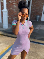 Turn-Down Collar Slit Short Sleeve Casual Dresses