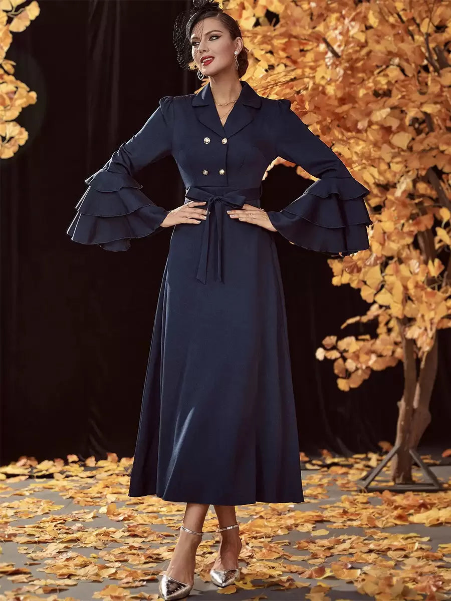 Turndown Collar Neck Long Sleeves Chic Elegant And Vintage Midi Dresses