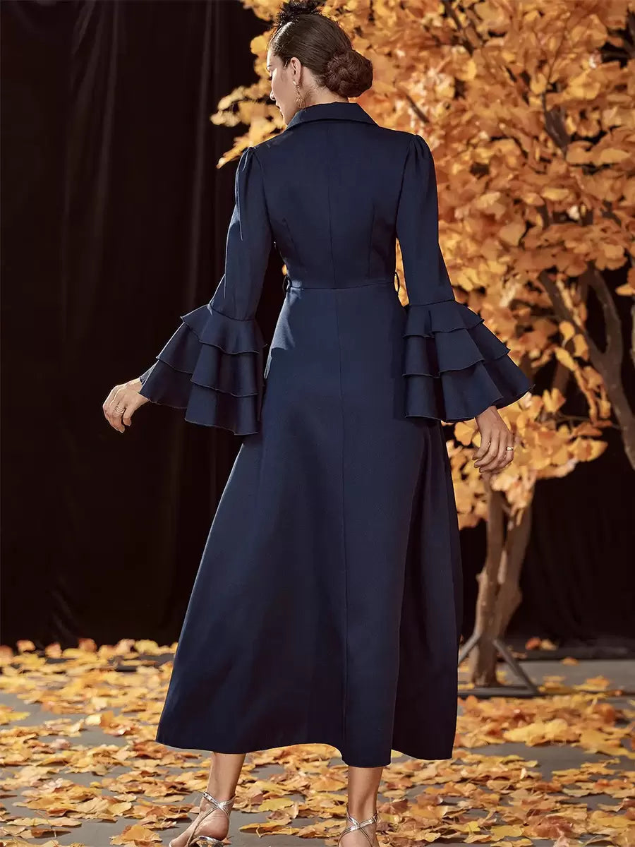 Turndown Collar Neck Long Sleeves Chic Elegant And Vintage Midi Dresses