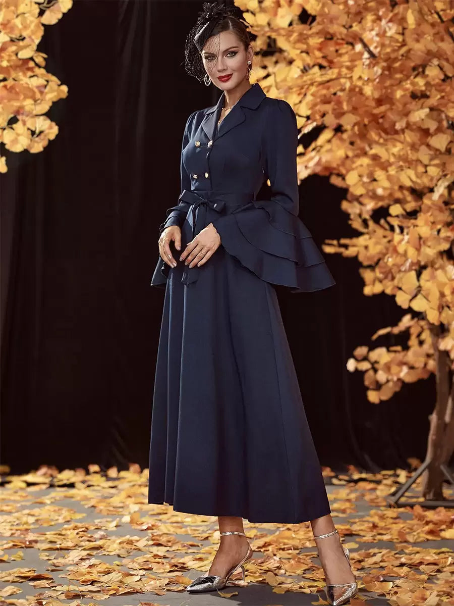 Turndown Collar Neck Long Sleeves Chic Elegant And Vintage Midi Dresses