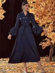 Turndown Collar Neck Long Sleeves Chic Elegant And Vintage Midi Dresses