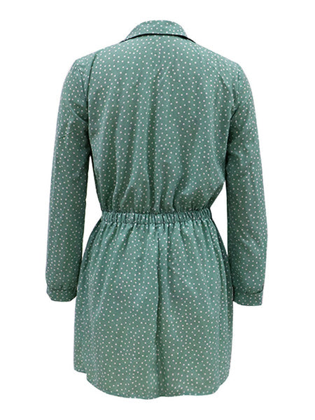 Turndown Collar Polka Dot Buttons Long Sleeves Bow Knot Polyester Midi Shirt Dresses