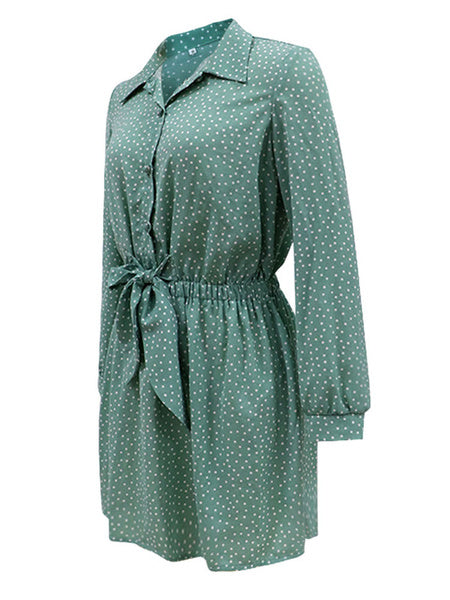 Turndown Collar Polka Dot Buttons Long Sleeves Bow Knot Polyester Midi Shirt Dresses