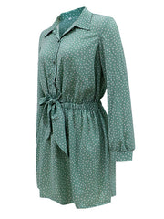 Turndown Collar Polka Dot Buttons Long Sleeves Bow Knot Polyester Midi Shirt Dresses