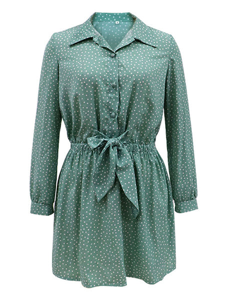 Turndown Collar Polka Dot Buttons Long Sleeves Bow Knot Polyester Midi Shirt Dresses