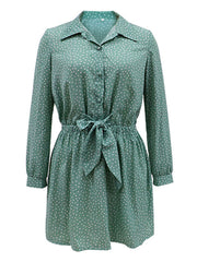 Turndown Collar Polka Dot Buttons Long Sleeves Bow Knot Polyester Midi Shirt Dresses