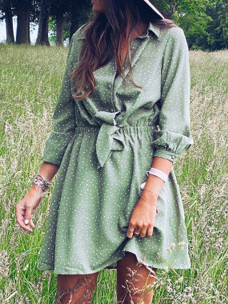Turndown Collar Polka Dot Buttons Long Sleeves Bow Knot Polyester Midi Shirt Dresses