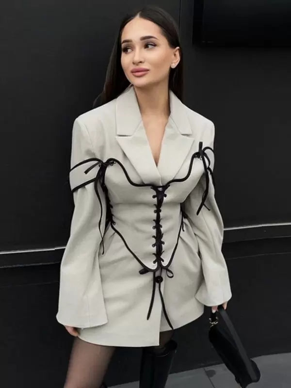 Turndown Collar Two-Tone Lace Up Long Sleeves Chic Mini Blazer Dresses