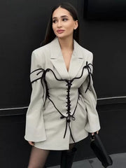 Turndown Collar Two-Tone Lace Up Long Sleeves Chic Mini Blazer Dresses