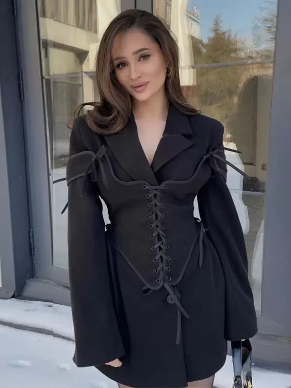 Turndown Collar Two-Tone Lace Up Long Sleeves Chic Mini Blazer Dresses