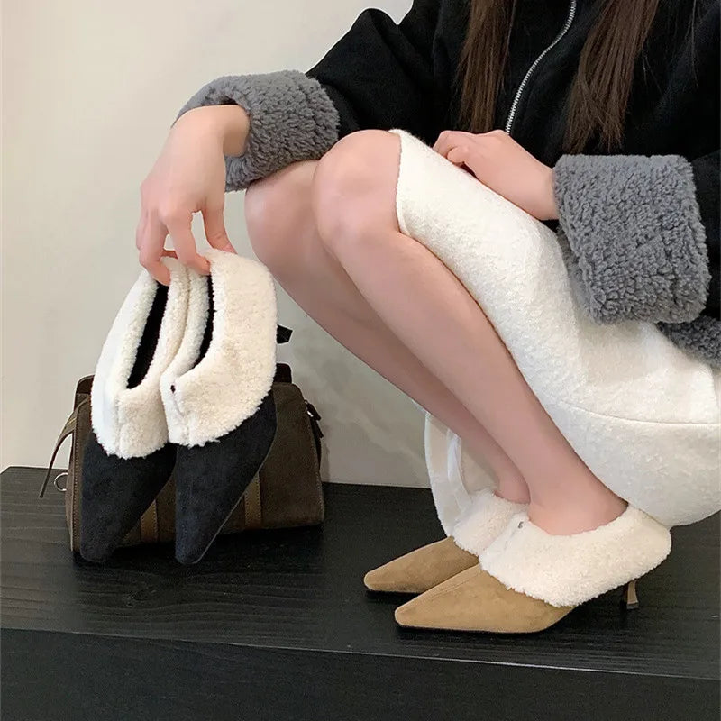 Turned Over Edge Furry Design Pumps Pointed Toe Suede High Heel