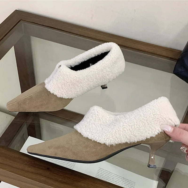Turned Over Edge Furry Design Pumps Pointed Toe Suede High Heel