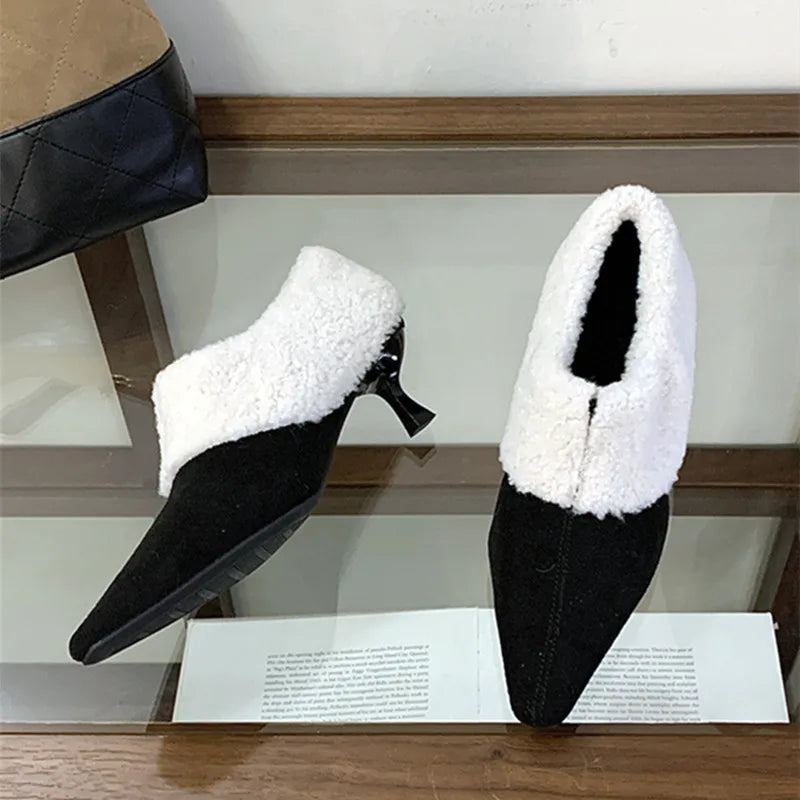 Turned Over Edge Furry Design Pumps Pointed Toe Suede High Heel