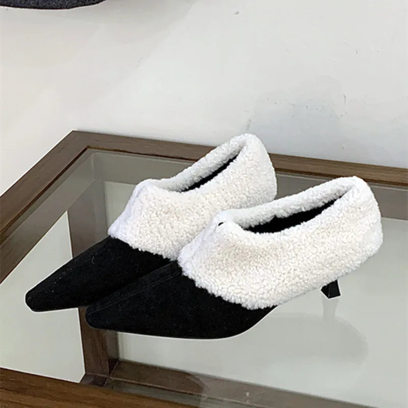 Turned Over Edge Furry Design Pumps Pointed Toe Suede High Heel