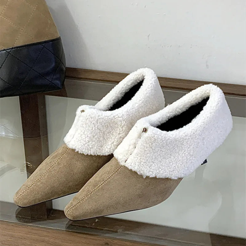 Turned Over Edge Furry Design Pumps Pointed Toe Suede High Heel