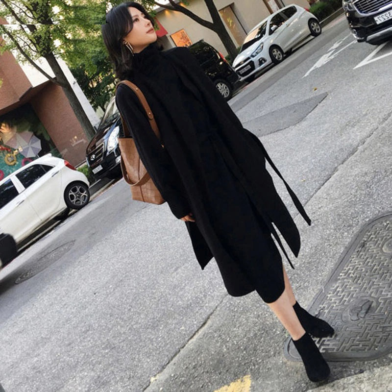 Turtleneck Full Sleeve Sashes Knitted Sweater Dress