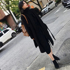 Turtleneck Full Sleeve Sashes Knitted Sweater Dress