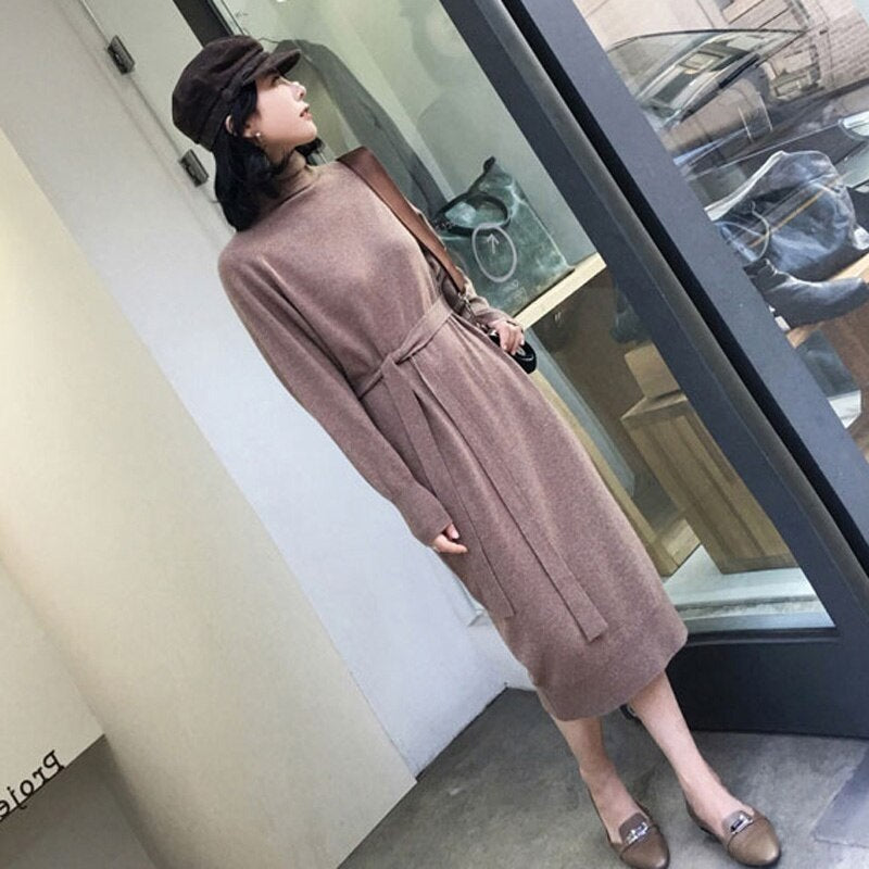 Turtleneck Full Sleeve Sashes Knitted Sweater Dress