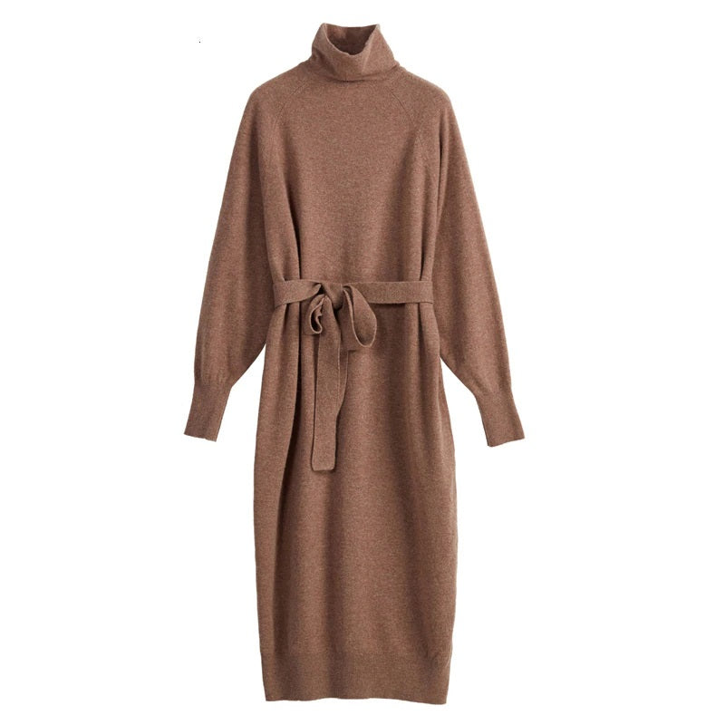 Turtleneck Full Sleeve Sashes Knitted Sweater Dress