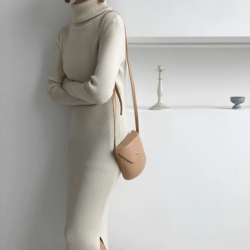 Turtleneck Full Sleeve Slim Stretch Vestidos Knitted Sweater Dress