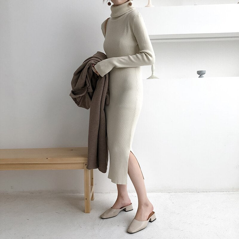 Turtleneck Full Sleeve Slim Stretch Vestidos Knitted Sweater Dress