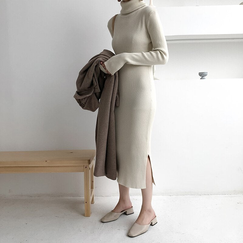 Turtleneck Full Sleeve Slim Stretch Vestidos Knitted Sweater Dress