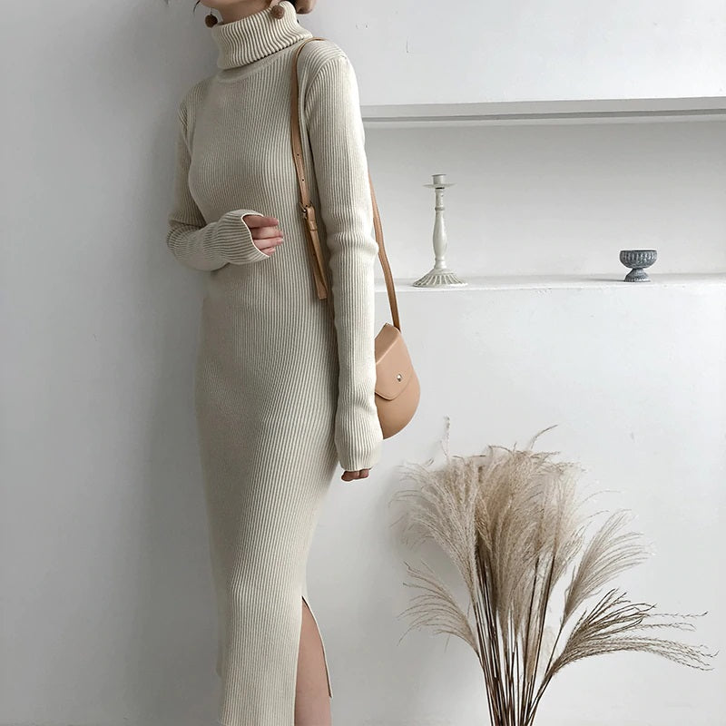 Turtleneck Full Sleeve Slim Stretch Vestidos Knitted Sweater Dress