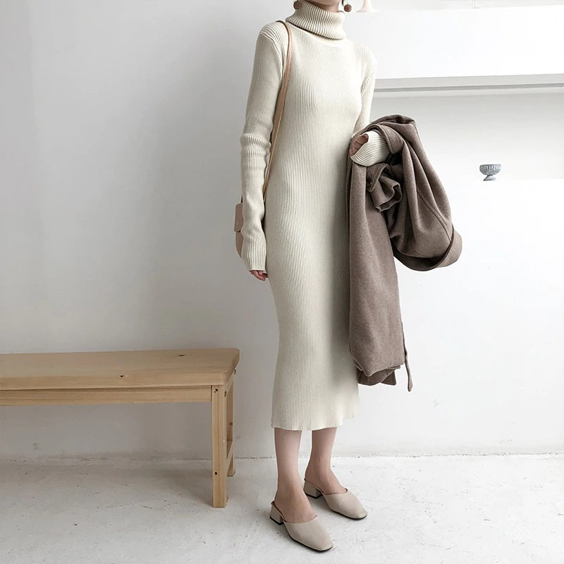 Turtleneck Full Sleeve Slim Stretch Vestidos Knitted Sweater Dress