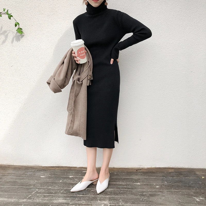 Turtleneck Full Sleeve Slim Stretch Vestidos Knitted Sweater Dress