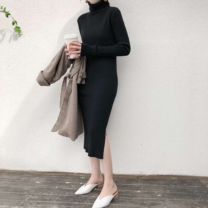 Turtleneck Full Sleeve Slim Stretch Vestidos Knitted Sweater Dress