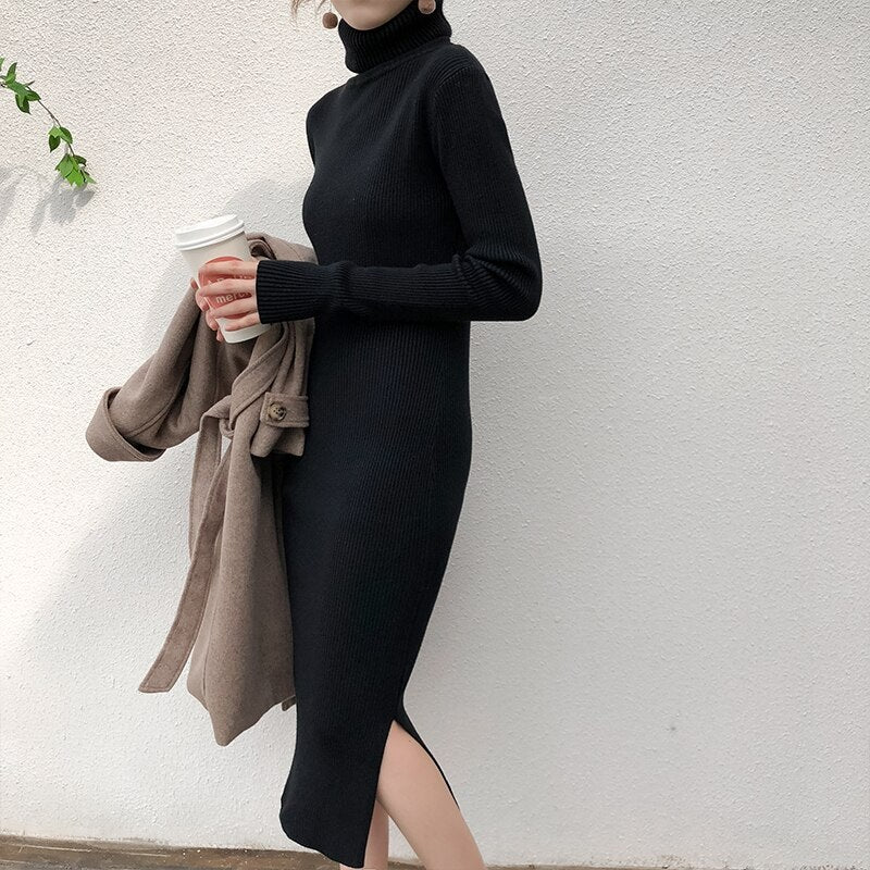 Turtleneck Full Sleeve Slim Stretch Vestidos Knitted Sweater Dress