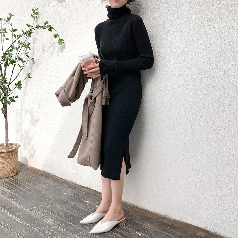Turtleneck Full Sleeve Slim Stretch Vestidos Knitted Sweater Dress
