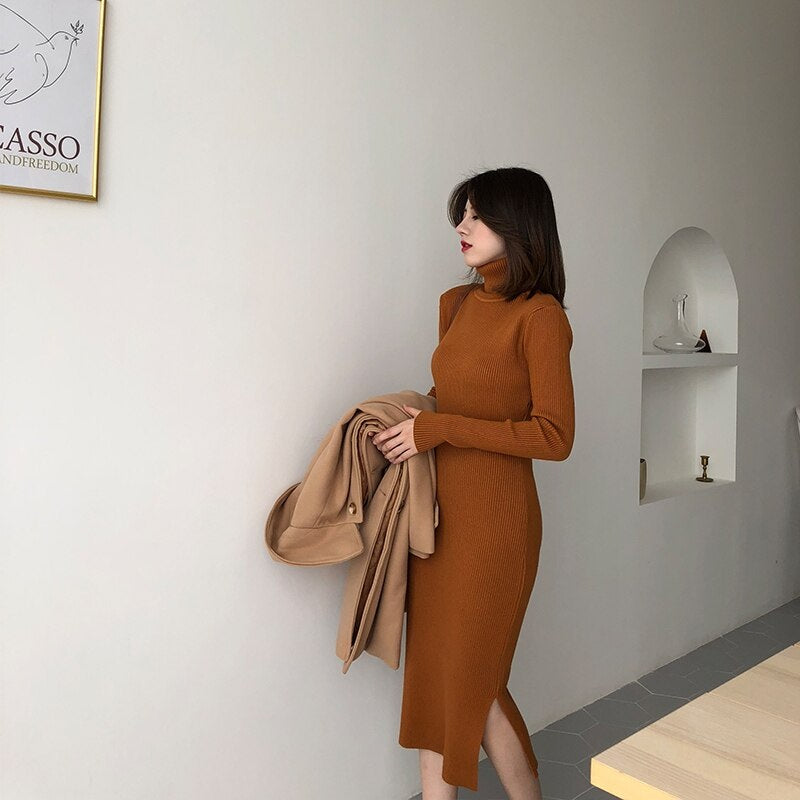 Turtleneck Full Sleeve Slim Stretch Vestidos Knitted Sweater Dress