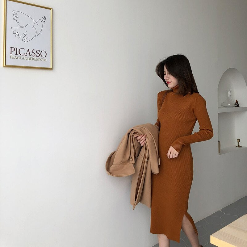 Turtleneck Full Sleeve Slim Stretch Vestidos Knitted Sweater Dress