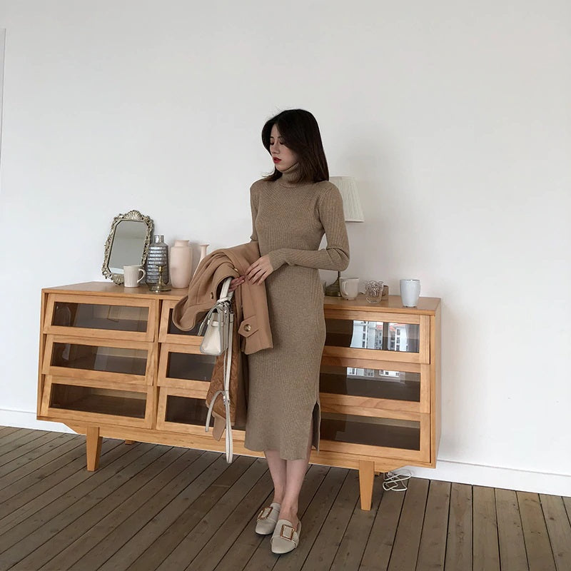Turtleneck Full Sleeve Slim Stretch Vestidos Knitted Sweater Dress