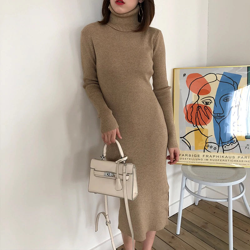 Turtleneck Full Sleeve Slim Stretch Vestidos Knitted Sweater Dress