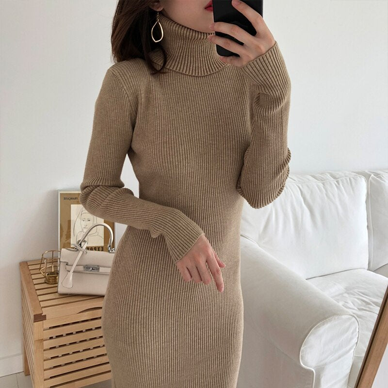Turtleneck Full Sleeve Slim Stretch Vestidos Knitted Sweater Dress