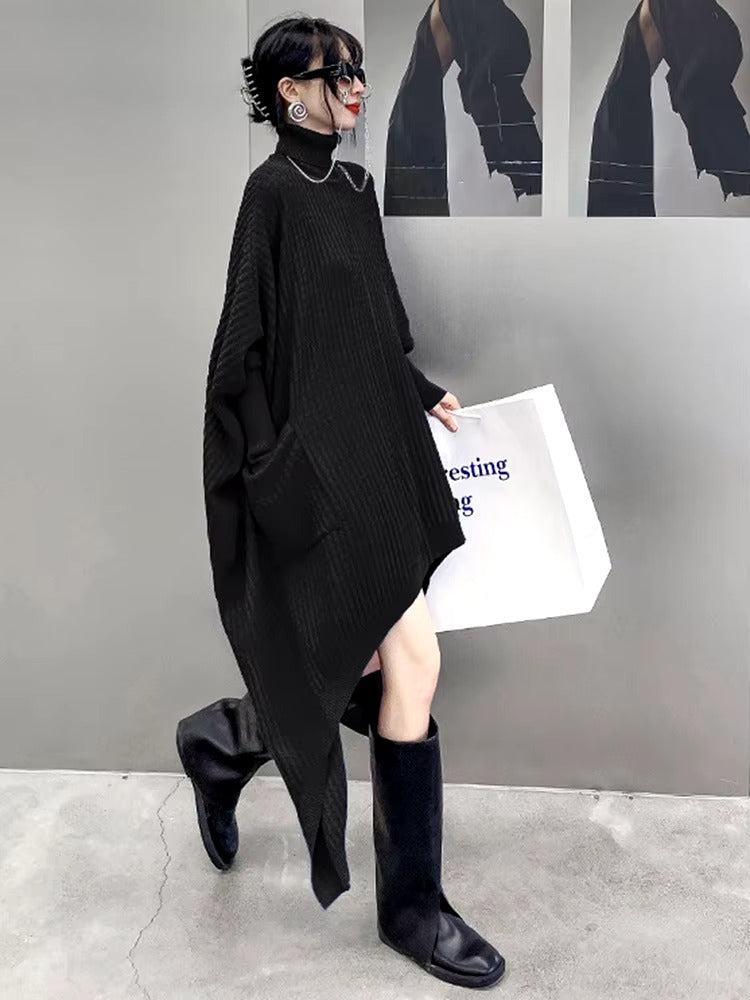 Casual Solid Turtleneck Long Sleeve Irregular Long Big Size Knitting Dress