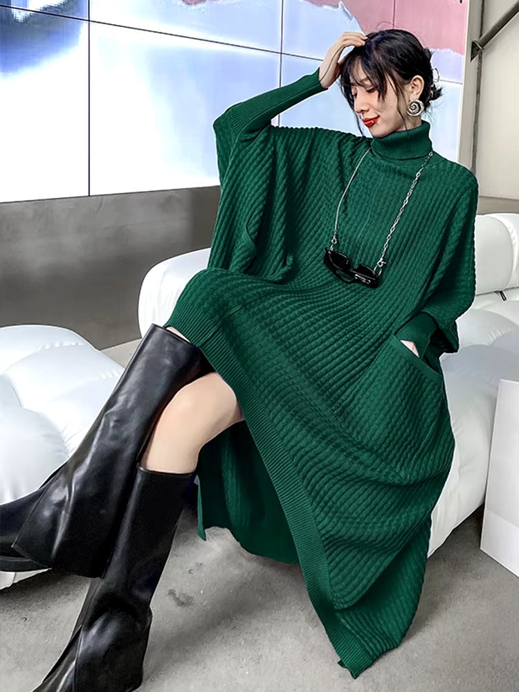 Casual Solid Turtleneck Long Sleeve Irregular Long Big Size Knitting Dress