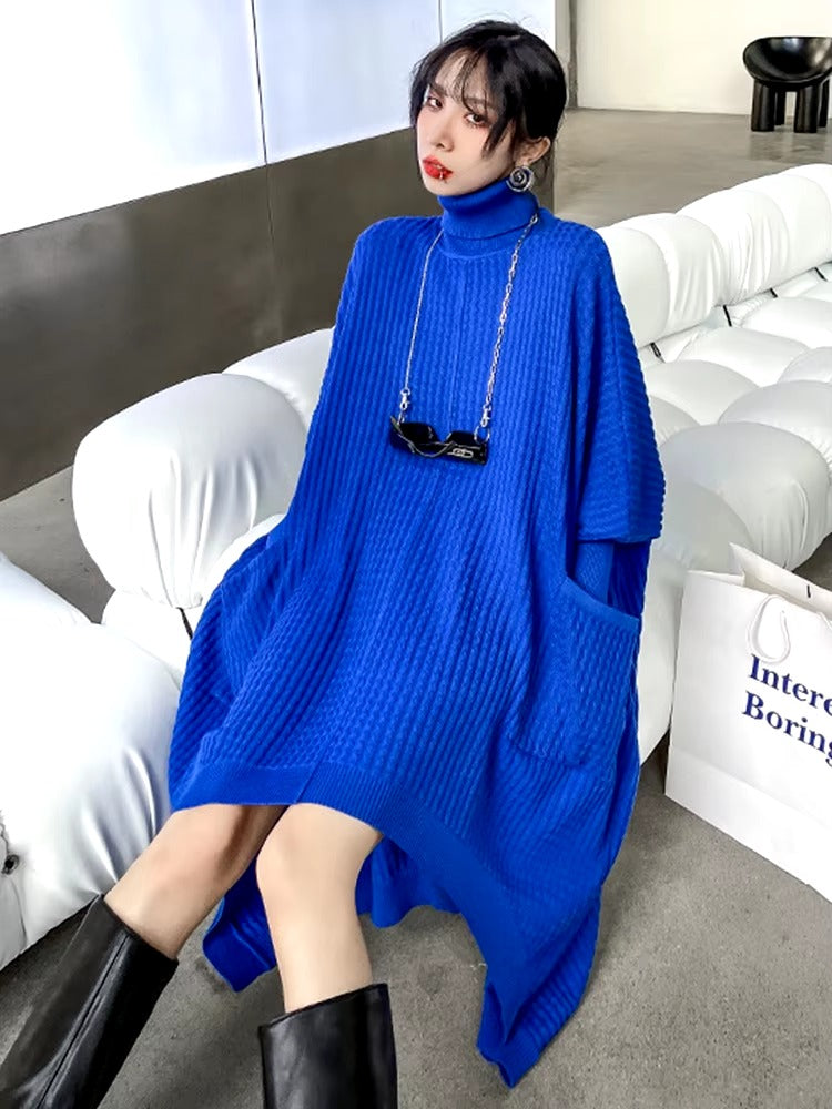 Casual Solid Turtleneck Long Sleeve Irregular Long Big Size Knitting Dress