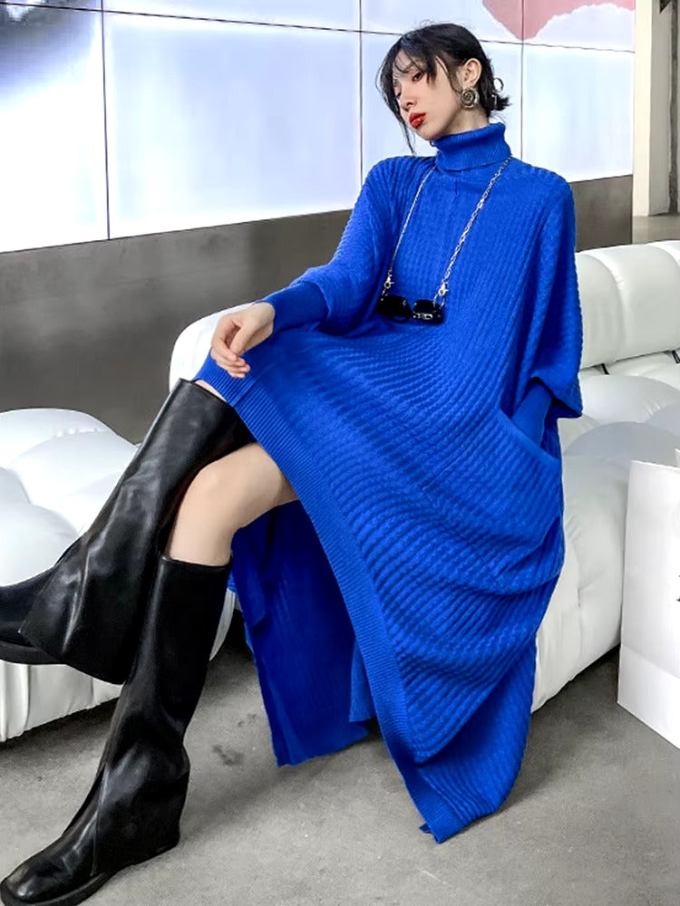 Casual Solid Turtleneck Long Sleeve Irregular Long Big Size Knitting Dress