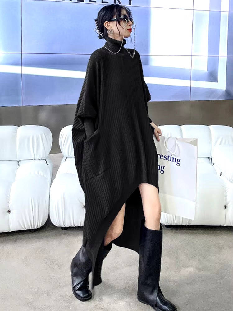 Casual Solid Turtleneck Long Sleeve Irregular Long Big Size Knitting Dress